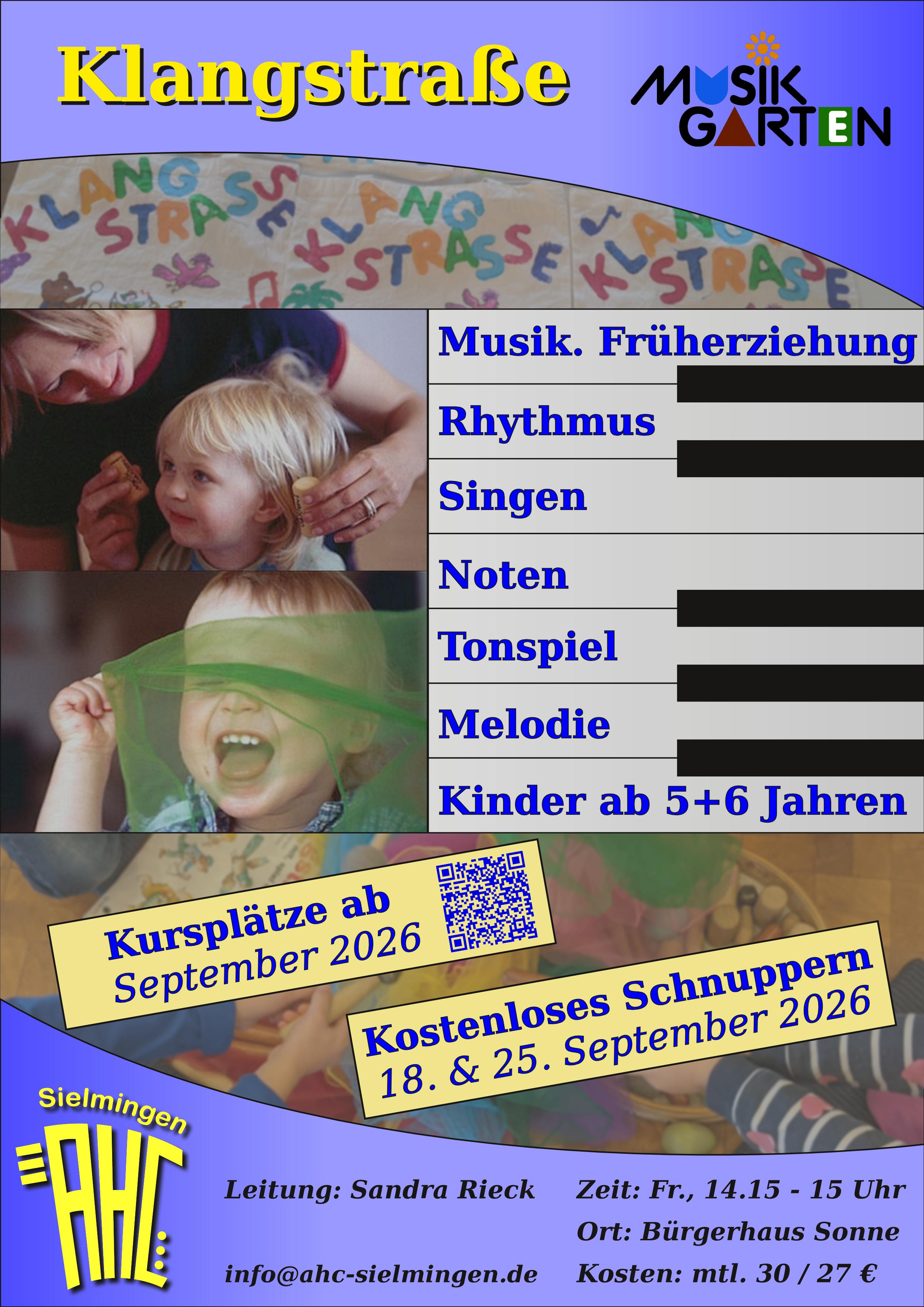 Plakat Klangstraße für Kinder ab 5-6 Jahren. Kursplätze sind ab September 2026 verfügbar jeweils Freitags 14:15-15:00 Uhr, kostenloses Schnuppern am 18. und 25. September 2026. Anmeldung über info@ahc-sielmingen.de oder über das Onlineformular (siehe Link unten).
